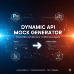 Dynamic API Mock Generator, showing a stylized network connection, JSON code snippets, and icons representing fast development and testing