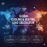 Interactive digital interface for a Global Cooling & Heating Load Calculator, showing a world map with interconnected climate and energy icons for HVAC optimization