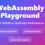 WebAssembly Playground tool showing performance comparison between WebAssembly and JavaScript with code editors and benchmarking charts