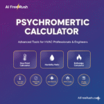 Professional psychrometric calculator tool showing dew point calculator, humidity ratio measurement, and enthalpy calculator for HVAC professionals and engineers. Free online tool from AI Free Rush.