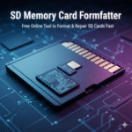 TOP WEB TOOLS Close-up of SD Memory Card Formatter tool interface with vibrant SD card visuals and bold text