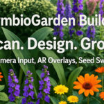 TOP WEB TOOLS SymbioGarden Builder: Vibrant urban garden with text 'Scan. Design. Grow.' and 'Camera Input, AR Overlays, Seed Swaps' highlighting AI-powered plant care and ecosystem design