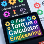 Vibrant close-up of Free Torque Calculator Engineering tool with bold text and colorful gears